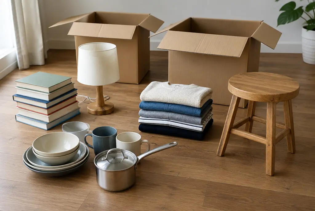 Books, a lamp, clothes and dishes sorted into groups next to two boxes (AI-generated image)