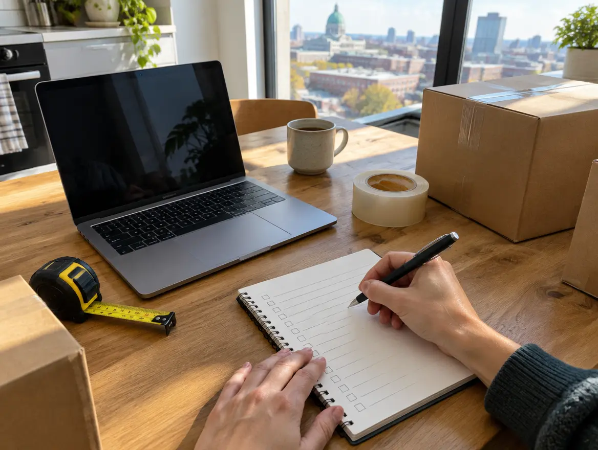 Handwritten moving checklist next to a laptop and boxes (AI-generated image)
