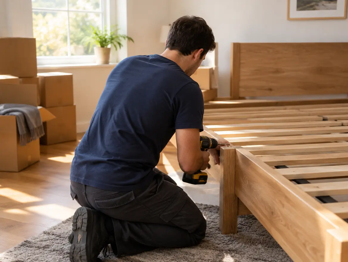Mover reassembling a bed in a new bedroom (AI-generated image)