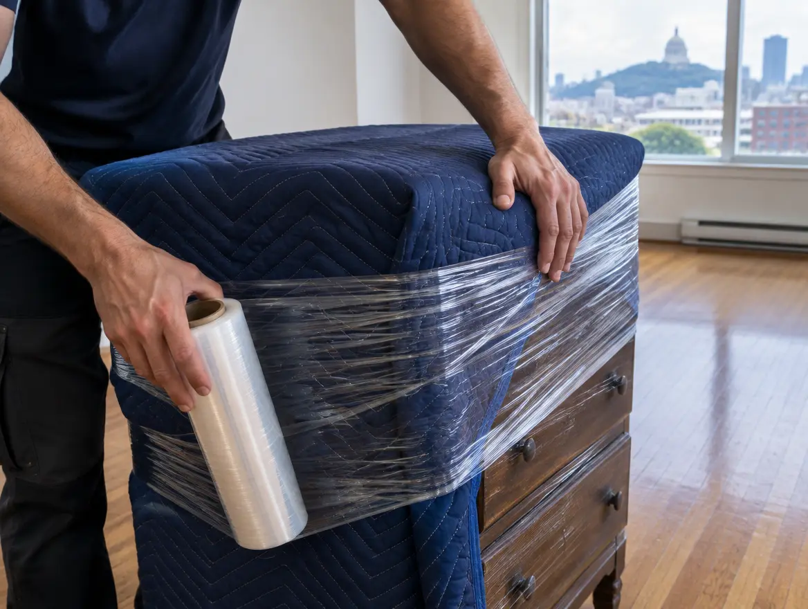 Dresser protected with a blanket and stretch wrap (AI-generated image)