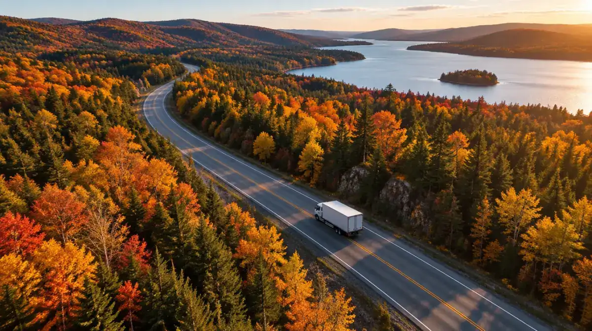 Camion blanc sur une route des Laurentides en automne (image générée par IA)